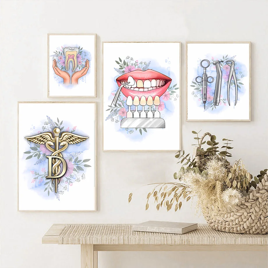 (1PC Unframe)Watercolor Tooth Anatomy Floral Caduceus Dentist Gift Wall Art Canvas Painting Posters And Prints Wall Pictures For