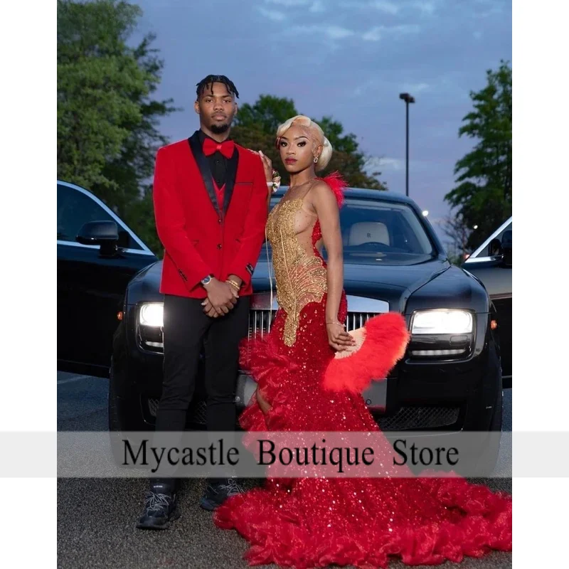 Customized Aso Ebi Red Sequins Evening Dress 2026 Gold Crystal Applique Beading African High Slit Prom Dress Party Gown