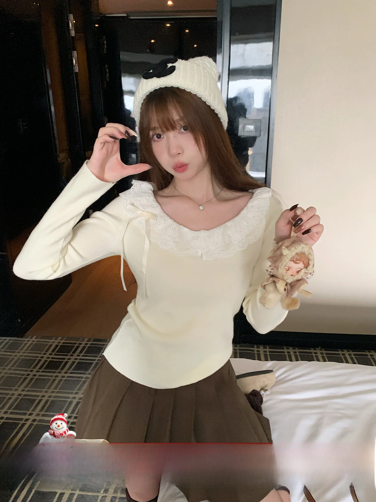 Pure Desire Lace Base irt Korean Sle Women's Knitted Sweater Inner Wear Soft Polyester Fiber Long Sve round Ne Top
