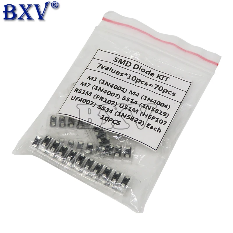 70pcs/lot= 7 Kinds*10pcs SMD Diode Package / M1 (1N4001) / M4 (1N4004) / M7 (1N4007)/ SS14 US1M RS1M SS34 Kit