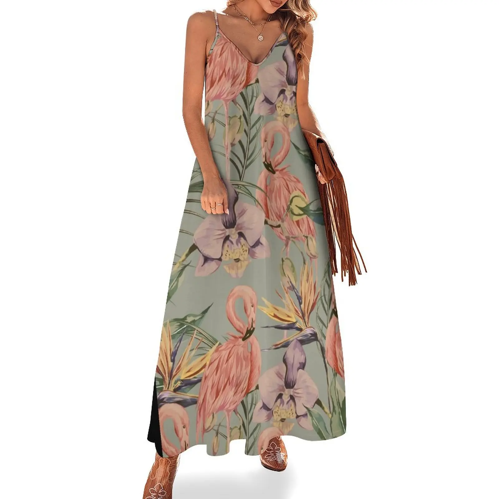 

Vintage Flamingo Orchid Pattern Tropical Summer Sleeveless Long Dress elegant guest wedding dress Women's clothing Dress