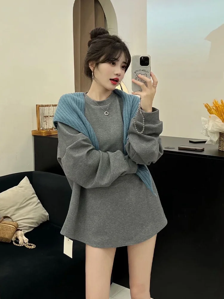 เสื้อสเวตเชิ้ตดีไซน์เกาหลี แขนยาว ผู้หญิง ฤดูใบไม้ร่วง ฤดูหนาว ทรงหลวม สไตล์ลำลอง ชุดสองชิ้น เสื้อเปิดไหล่