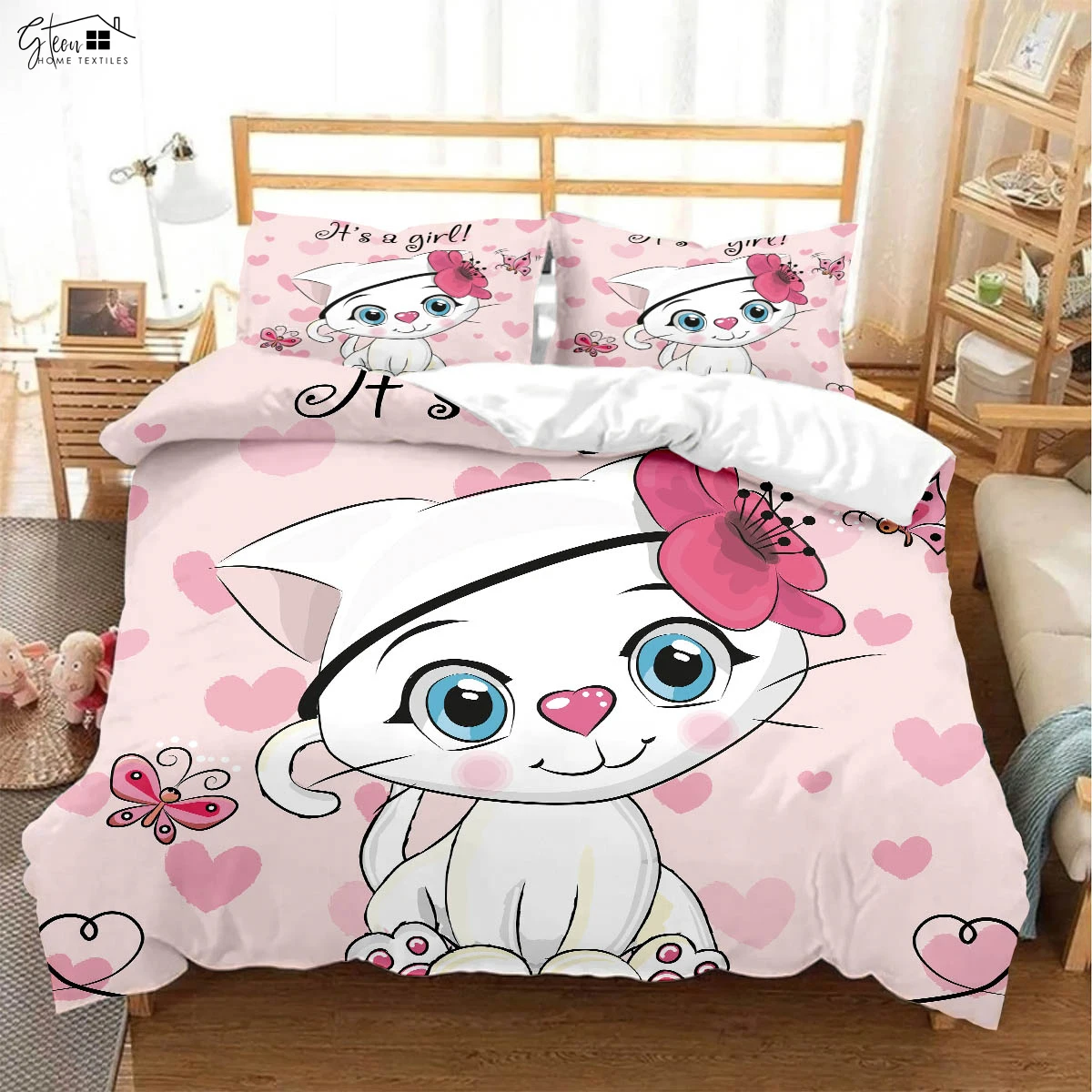 

Cute Cartoon Bathing Cat Print Quilt Cover Bedding Set Quilt Cover Pillowcase Kids Gift Machine Washable 3 Pieces