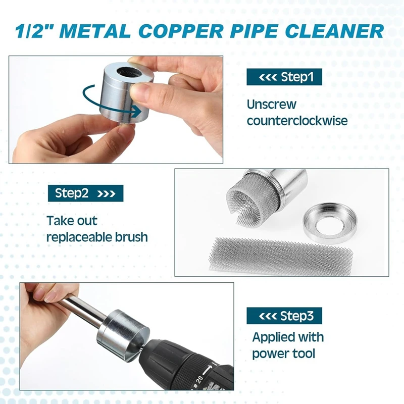 Limpiador de tubos de cobre metálico, 1/2 pulgadas, con 1 cepillo reemplazable, cepillo de limpieza de tubos para taladro eléctrico