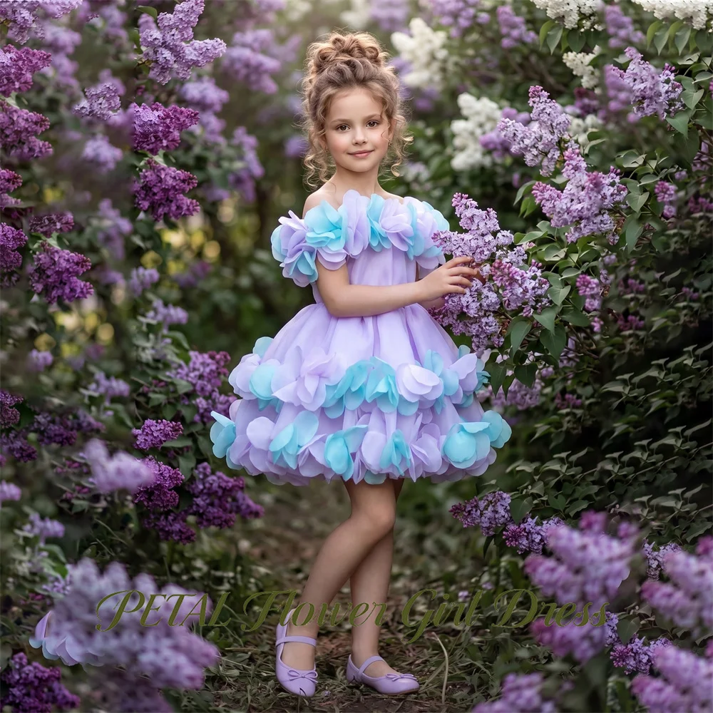 Petal Knee Length Princess Girls Dress Off Shoulder Kids Birthday Party Dress Blue and Purple Tutu Fluffy Prom Gown Customized