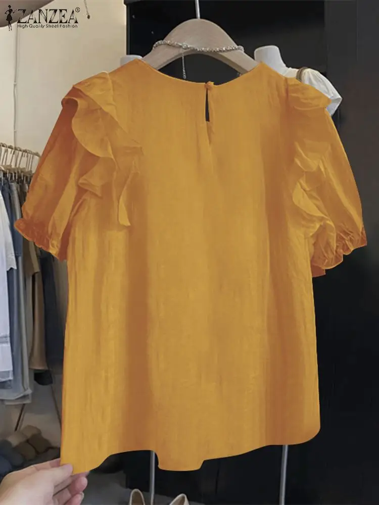 ZANZEA Women Elegant Tops Fashion Ruffled Patchwork Blouse Korean Fashion Puff Short Sleeve Tunic Holiday Pleating Buttons Blusa