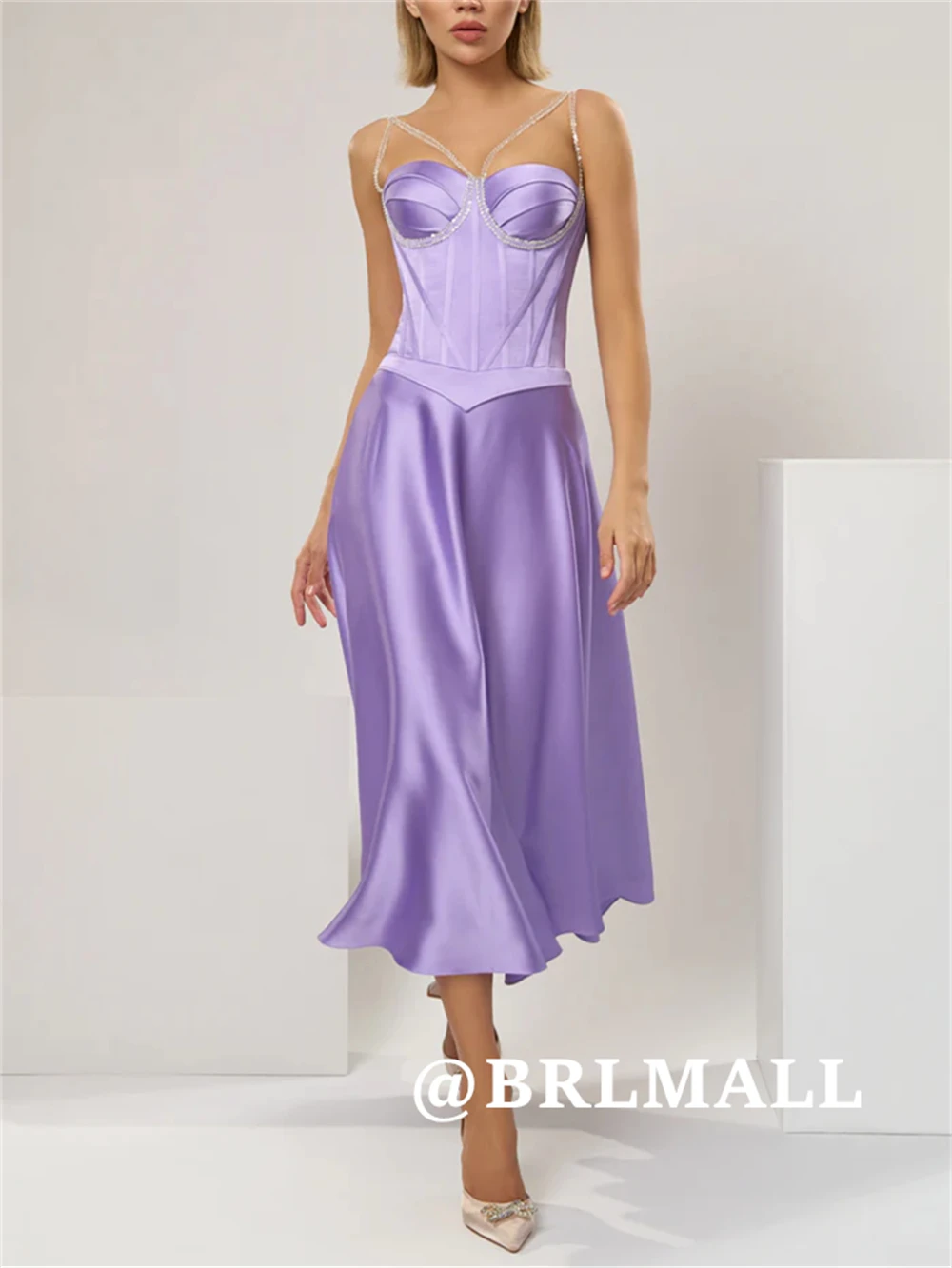 

BRLMALL Soft Satin Prom Dress Beaded Soaghetti Straps Zipper Back Evening Party Gowns Wedding Guest Dresses Customized Cocktail