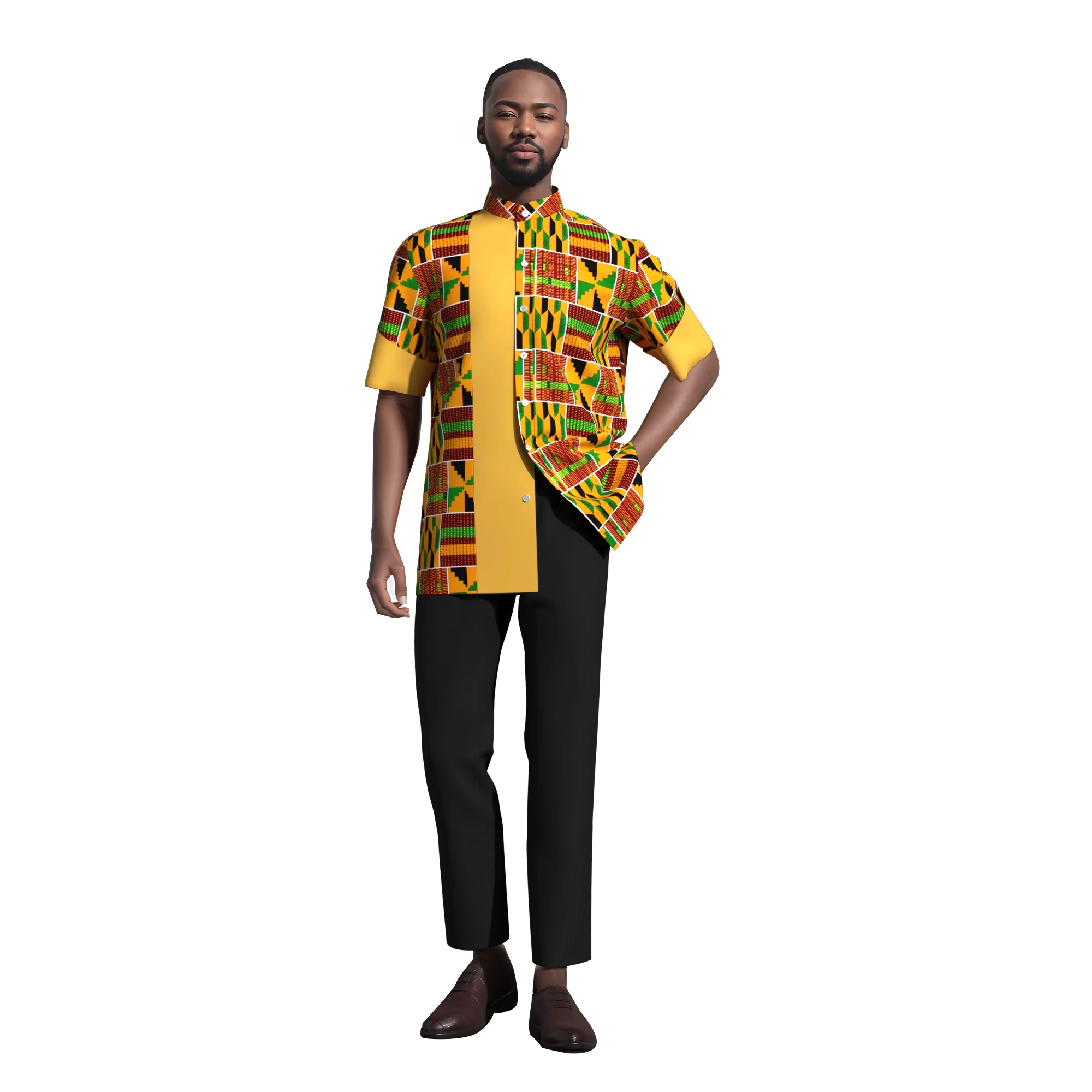 Casual 100% Cotton Mens African Clothing Dashiki Patchwork Print Shirt Tops Short Sleeve Traditional African Clothes Wyn2142