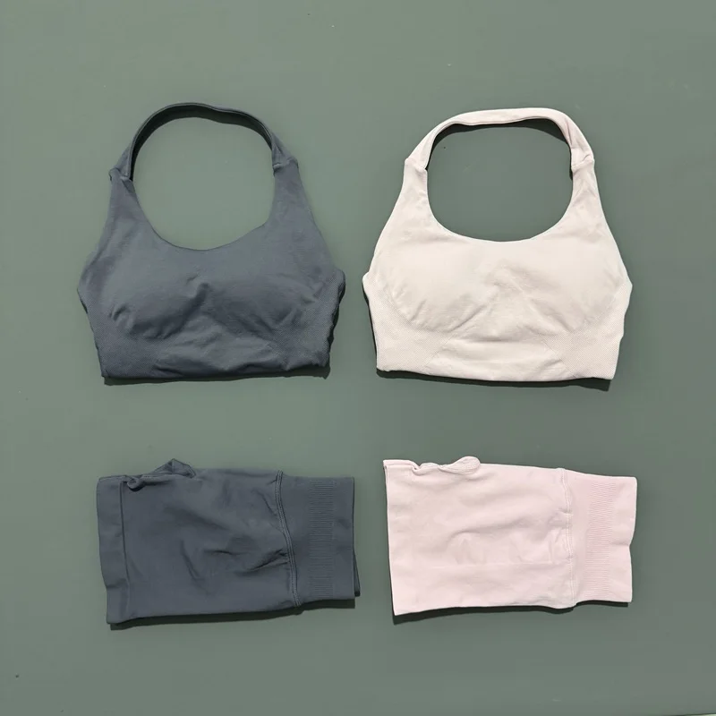 2 الموافقة المسبقة عن علم Histello الرياضة مجموعة النساء الرقبة الرسن للصدمات الخطوط الطويلة Strappy أعلى تجريب Scrunch السراويل مجموعات اللياقة البدنية الملابس الصالة الرياضية البدلة #6