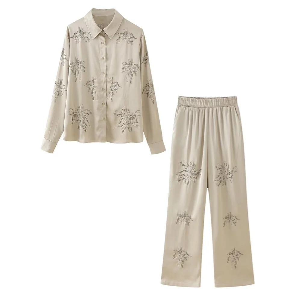 PB&ZA 2024 Spring New Women\'s Style Casual Loose and Versatile Beaded Decoration Embroidered Shirt Straight Leg Pants Set