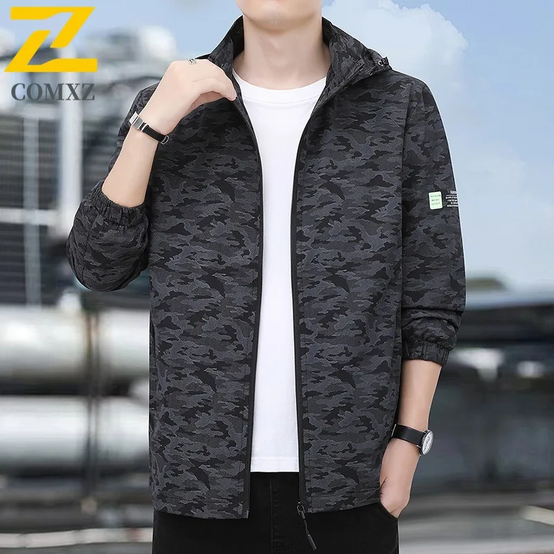 

COMXZ Men Camo Jacket 2025 Casual Detachable Hooded Travel Lightweight Coat Outdoor Fly Fishing Trendy Lightweight Windbreaker