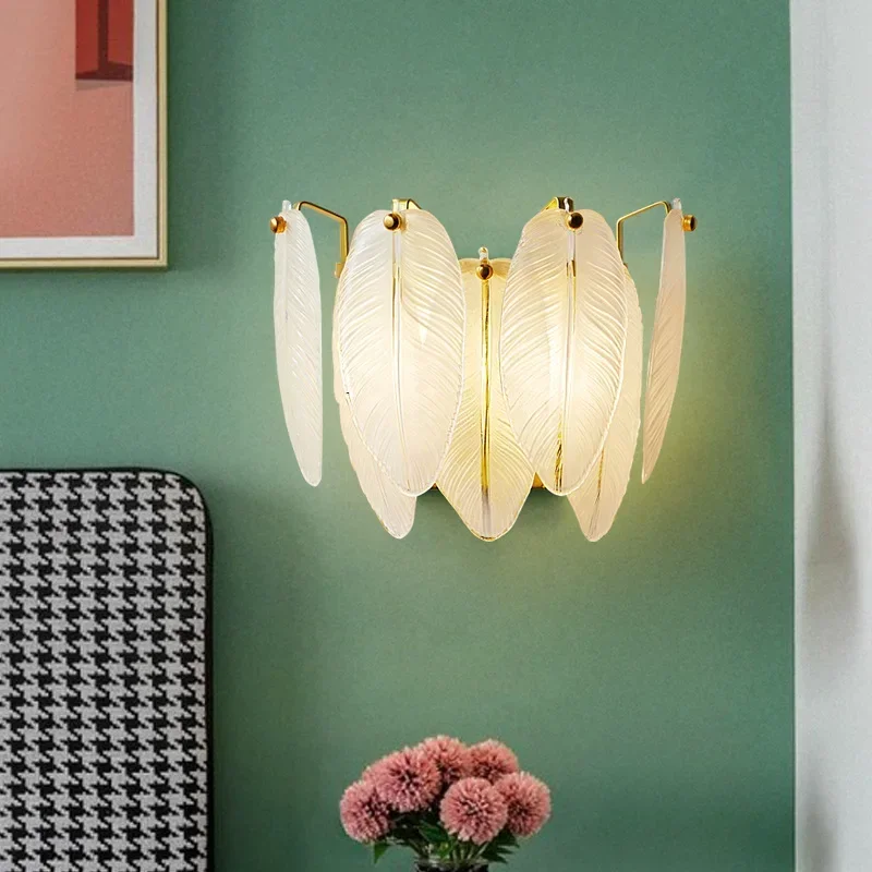 Feather Glass Bedroom Bedside Lamp Italian Simple Living Room Background Wall Model Room Decorative Wall Lamp French Luxury