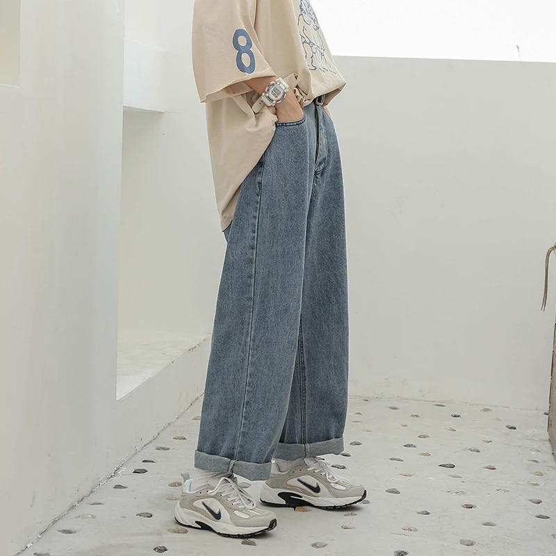ضوء وا المرأة مستقيم الساق فضفاضة عالية الخصر ثنى بنطال ذو قصة أرجل واسعة التخسيس الخريف جديد حجم كبير الجينز بناطيل كاجوال