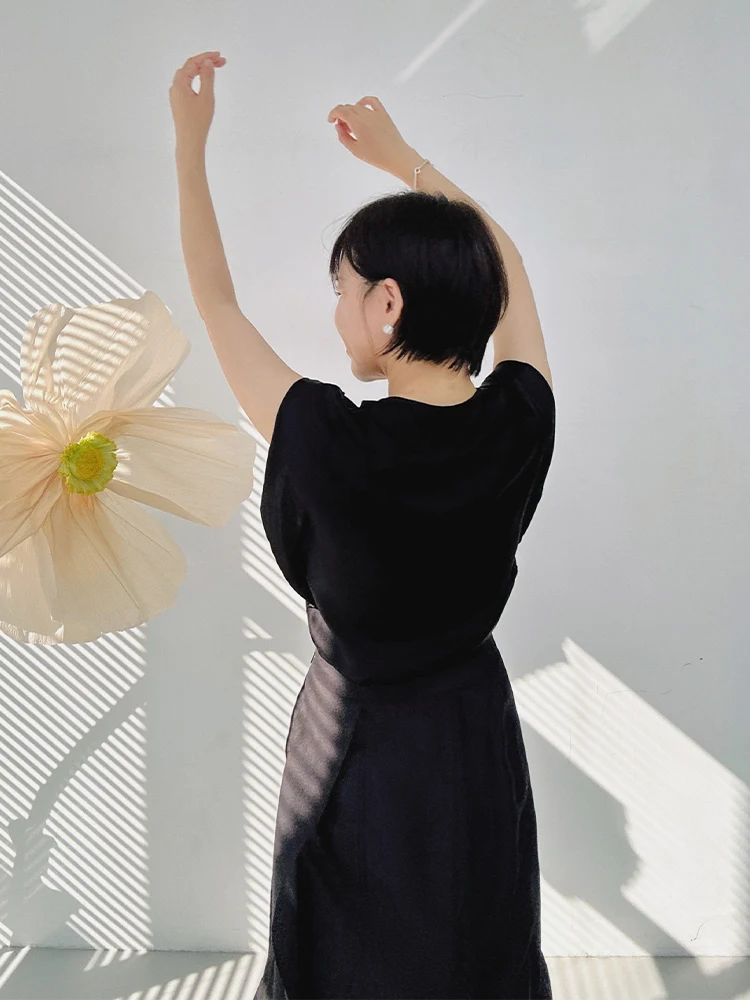 

Ele Bla Wild Rose Silk irt Slim Fit Summer Silk Chiffon Lightweight Waist Cinched Blouse High Waist Sle without Sve