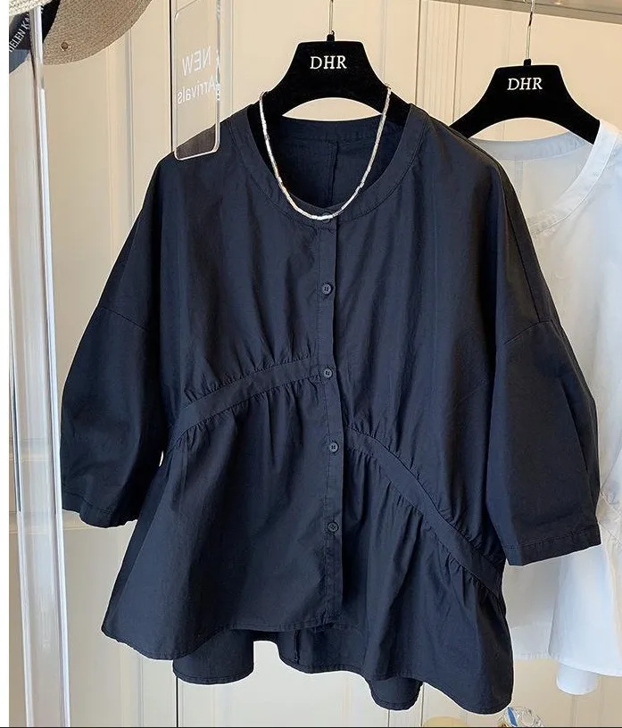 2025 verão nova blusa casual feminina o-pescoço manga curta moda coreana cor sólida solta botão acima senhoras topos camisas populares