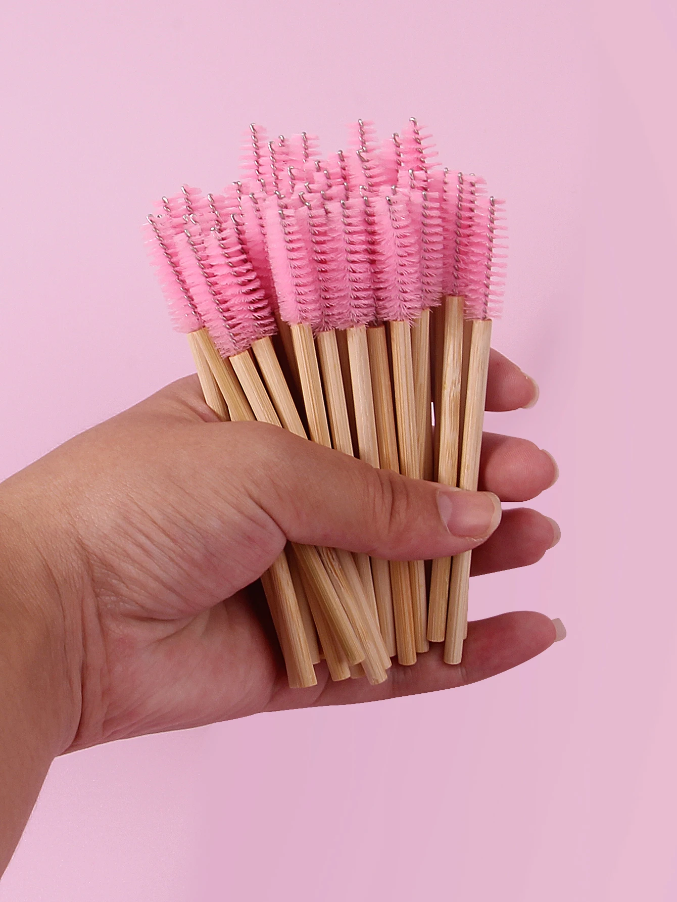50PCS pink bamboo-handled mascara brush, mini eyebrow brush, spiral eyelash curl makeup brush, portable eye makeup tool