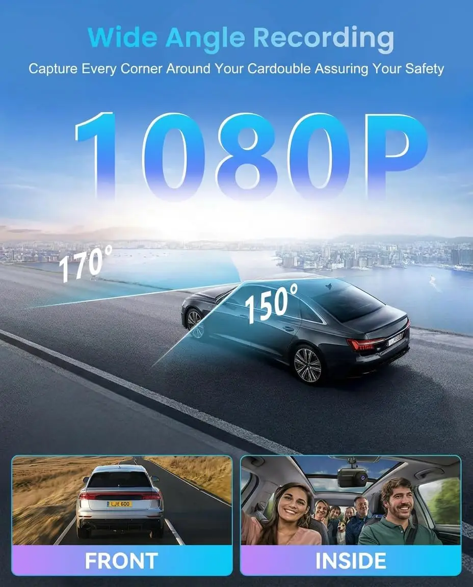Dash Cam Front and Inside, Car Camera with 170° Wide Angle, Super Night Vision, Loop Recording, G-Sensor, 24Hr Parking Mode