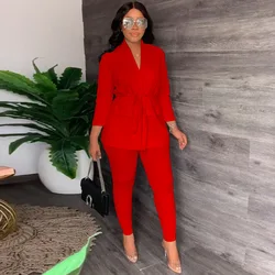 Fashion OL Two Piece Set Women V-Neck Long Sleeve Lace-up Shirt Tight Pants Matching Suit Female Casual Solid Outfits