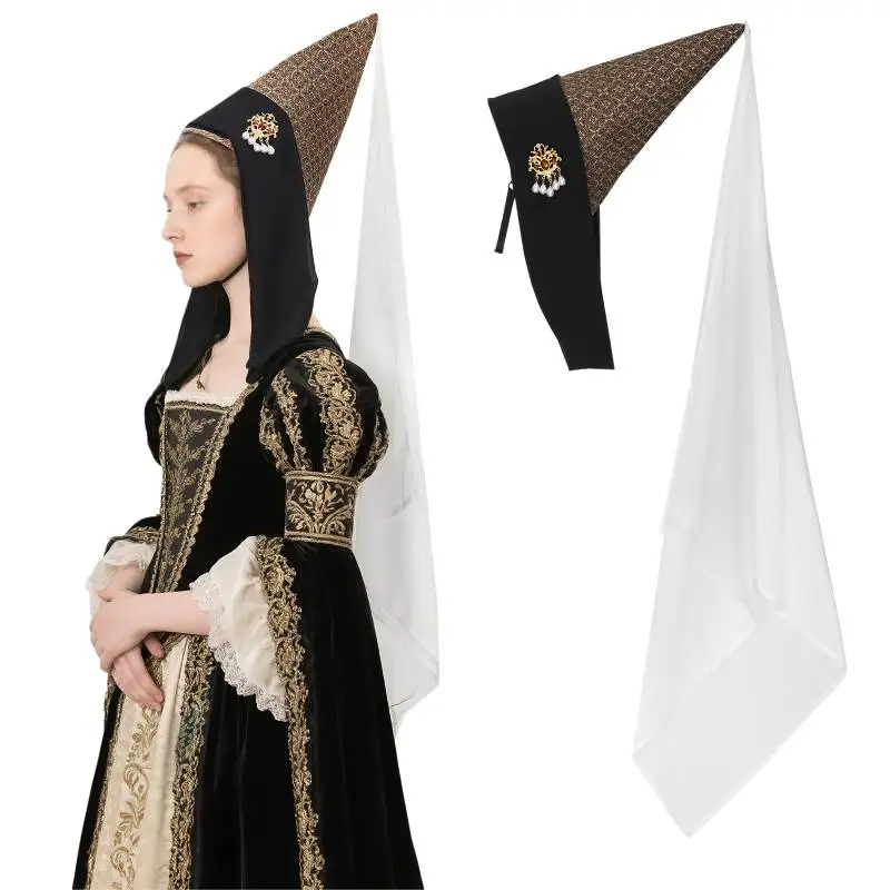 WENAM-Sombrero Medieval Hennin con velo para mujer, tocado de mediana edad, tocado renacentista, accesorios de Cosplay LARP para Halloween