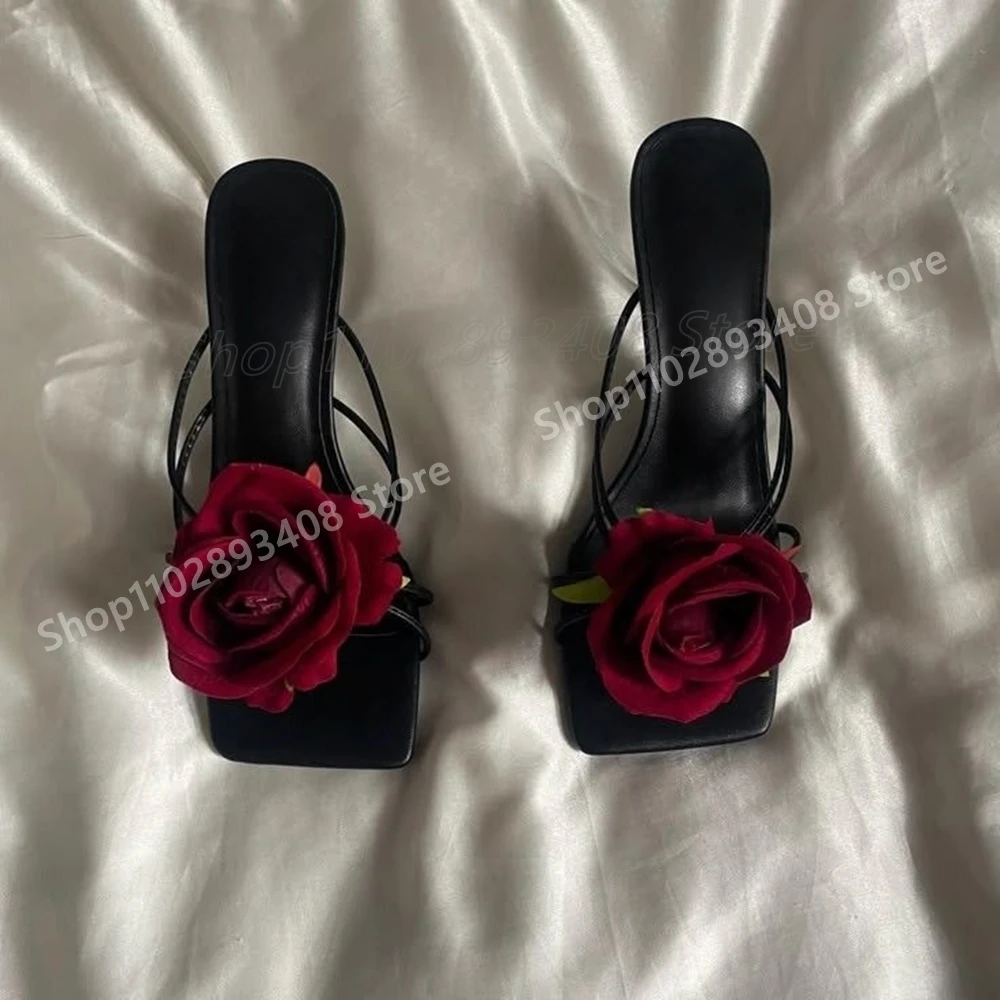 

Front Rose Flower Decor Slippers Square Toe Black Matte Leather Party Wedding Stilettos Women Shoes 2025 Summer Para Mujere