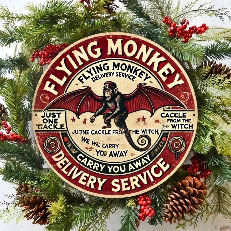 Flying Monkey Courier Service Sign - Vintage Round Metal Wall Art, Featuring a Retro Flying Monkey and Courier Truck Design, Humorous