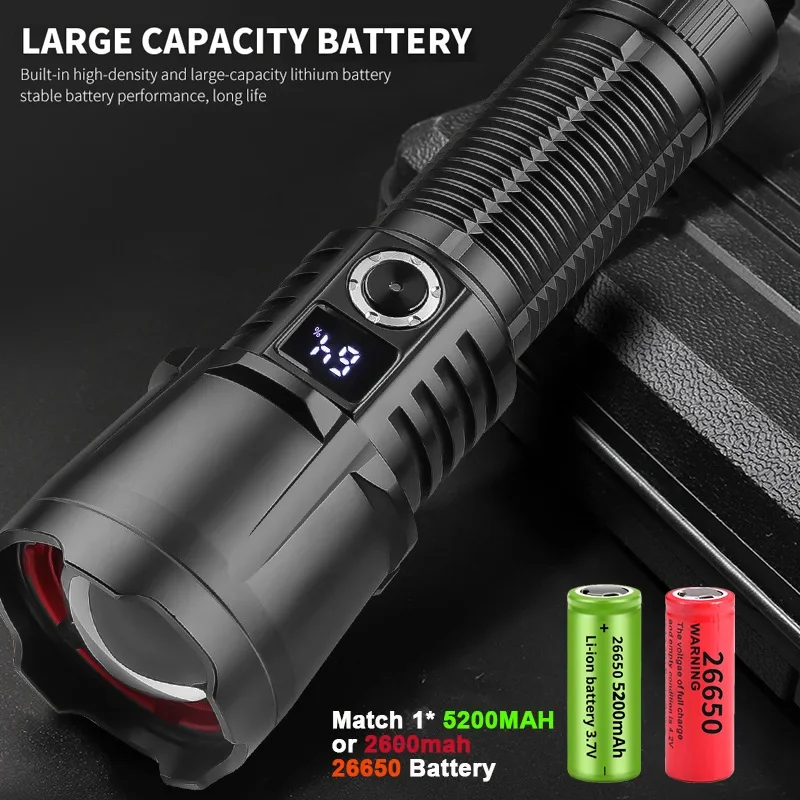 9900000000LM XHP360 Flashlight LED 500W White Spotlight Zoom Strong Light Long Shot Outdoors Metal SwitchHot OLED Power Display