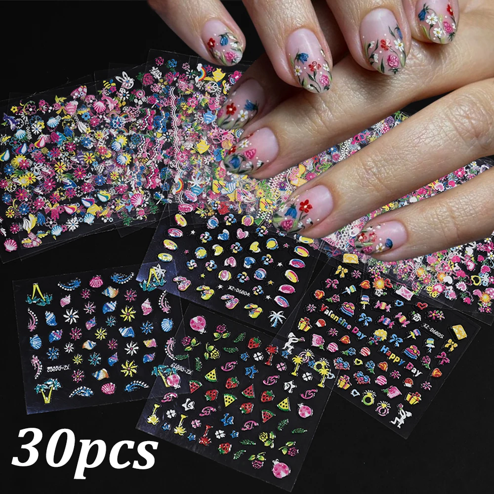 

30Pcs 3D Colored Flowers Heart Ocean Nail Stickers 5.2*6.2cm Kawaii Glasses Cherry Bows Daisy Nail Decals Mixed Manicure Slider*