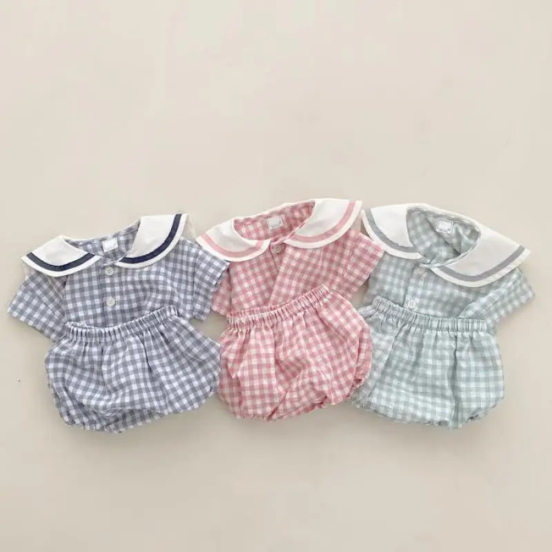 

2026 Summer New Baby Short Sleeve Clothes Set Boys Girls Lapel T Shirts + Shorts 2pcs Suit Infant Toddler Cotton Plaid Outfits