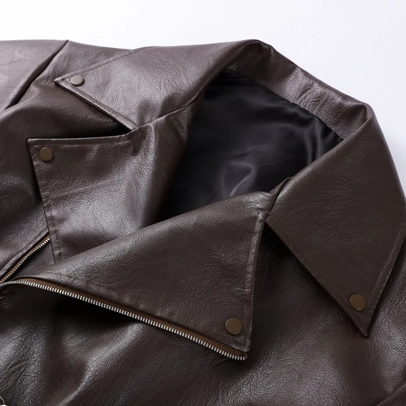 Chaqueta de PU con cinturón y cremallera para mujer, abrigo de cuero con correa corta y cuello vuelto, estilo europeo americano, primavera y otoño 2025
