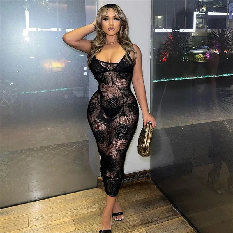 

2024 Summer Sexy Clubwear See Through Jacquard Slim Dress Women Spaghetti Strap Low Cut Backless Spicy Girls Skinny Long Robe