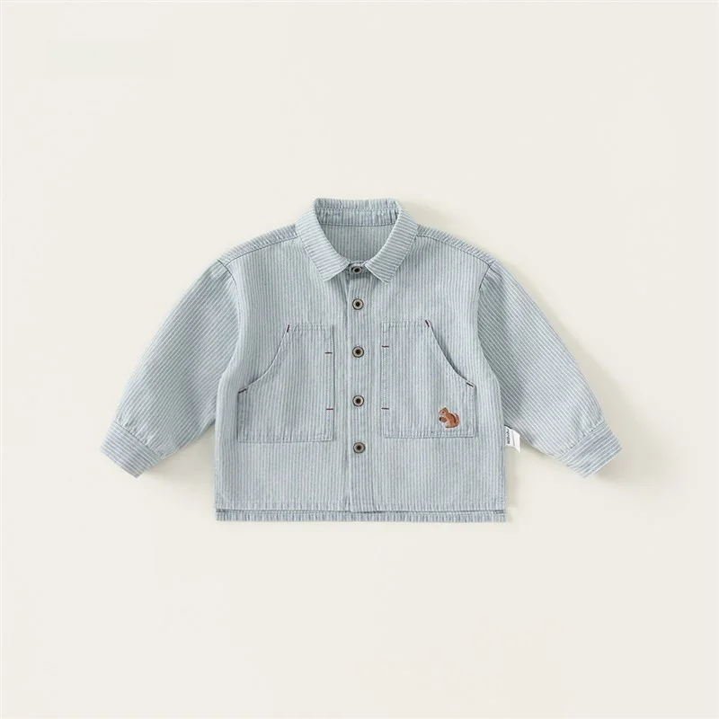 

Boys' Children's Shirt Spring 2025 New Style Pocket Denim Striped Collar Long Sleeve Baby Trendy Fashionable Kids' Clothing