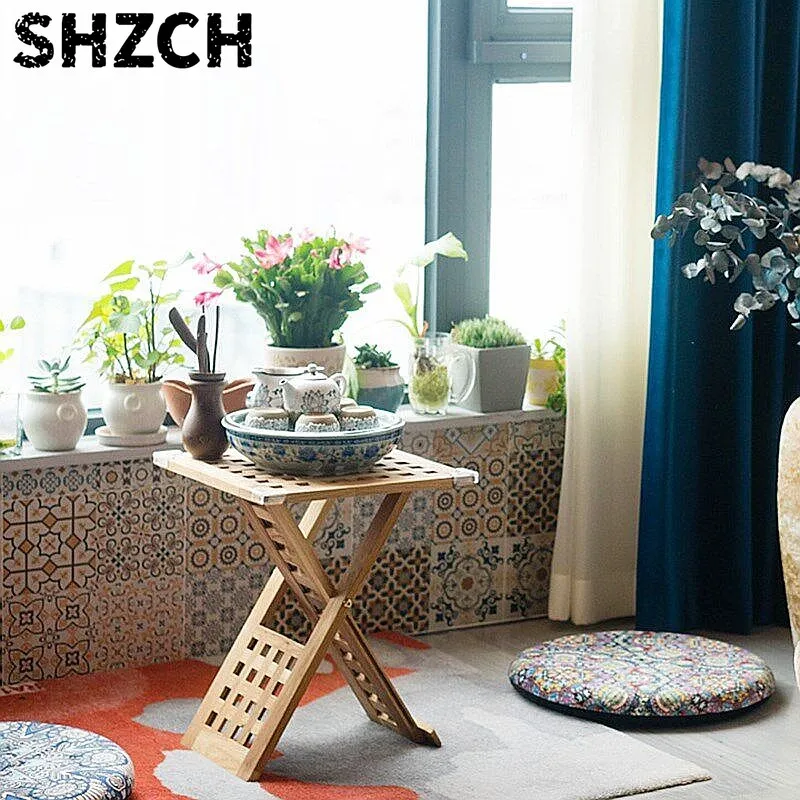 Foldable Solid Wood Coffee Table Grid Design Space-Saving Side Tea Desk