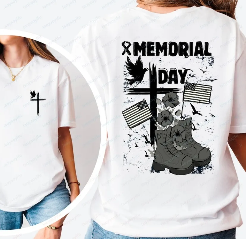 

Memorial Day Tee Cross & Boot Design Tops Patriotic Casual Cotton Tee Vintage Classic Fashion Clothes for Women Trend Ropa Mujer