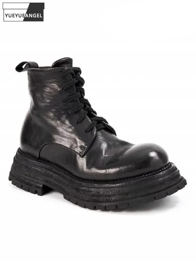 

Мужские ботинки высокого качества из конской кожи, обувь на платформе со шнуровкой, винтажные мотоциклетные короткие ботинки ручной работы в британском стиле