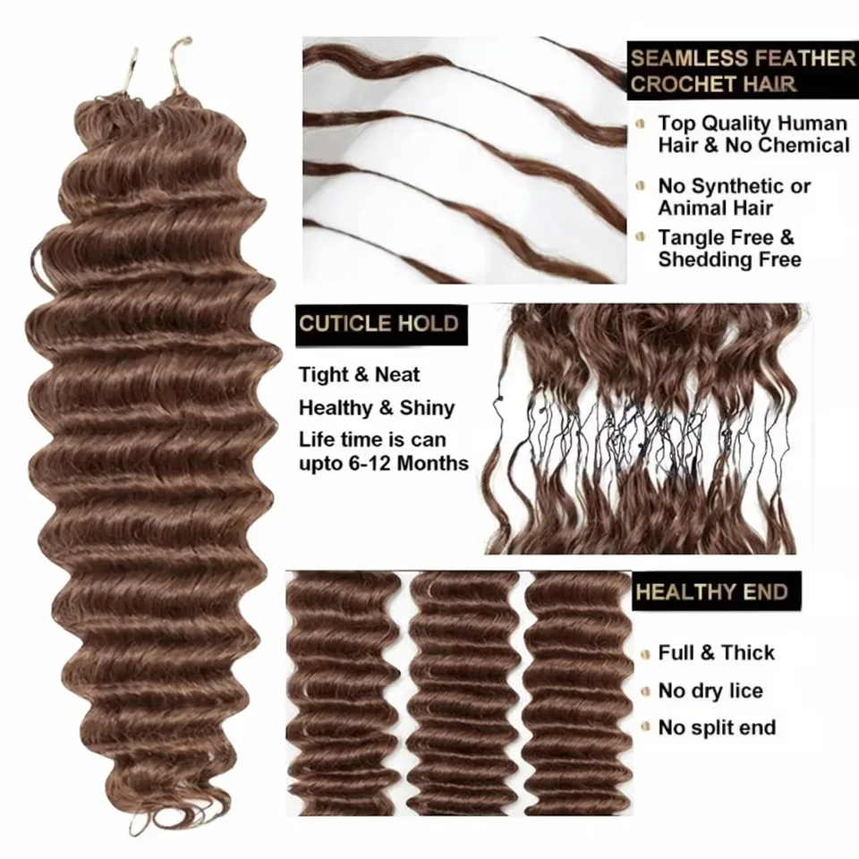 Trenzado Marrón Birmano Onda de Agua, Sin Nudos, 32 Pulgadas, 300g, Rizado Profundo, Crochet de Pelo Humano, Invisible 5