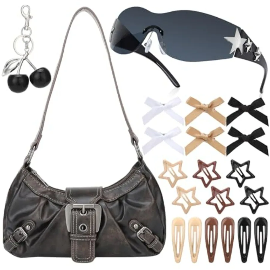 

Y2K Purse Shoulder Bag for Women Set Trendy Purse Goth Handbag Punk Hobo Buckle Bag Sunglasses Keychain Bow Star Hair Clip Y2k