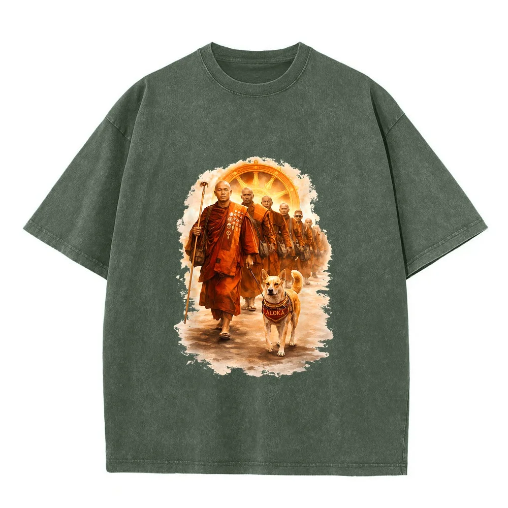 Peace Walking Monks and Aloka Dog Walk for Men Man's T-Shirt Short Sleeved Clothes Xxxl Size Cotton T Shirt Pet Owner Dad Round