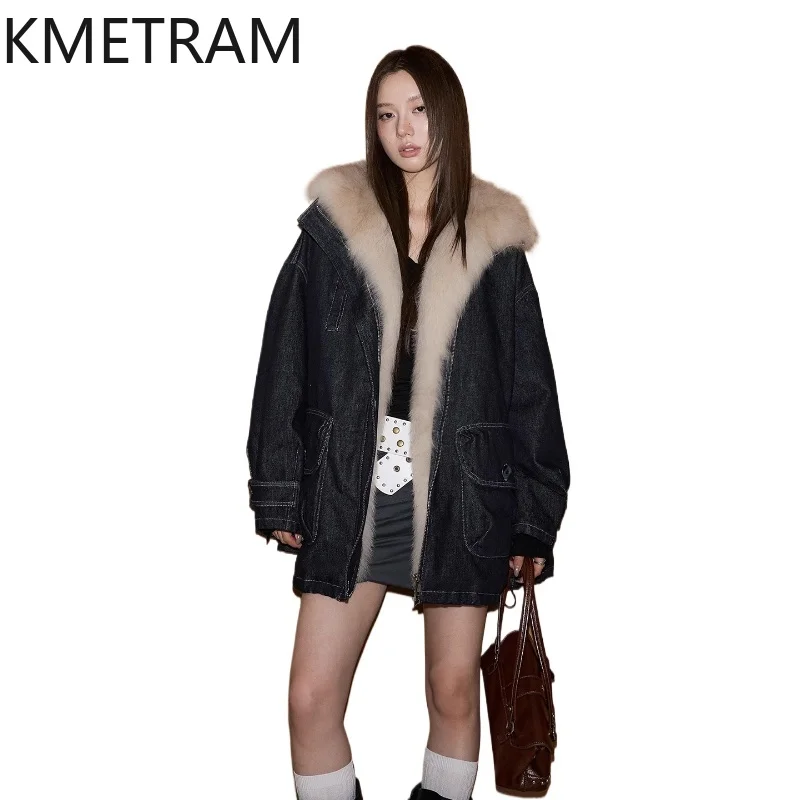

KMETRAM White Goose Down Jacket Woman Fox Fur Collar Parka Women Clothing Puffer Jackets Winter Outerwears 2025 шуба женская
