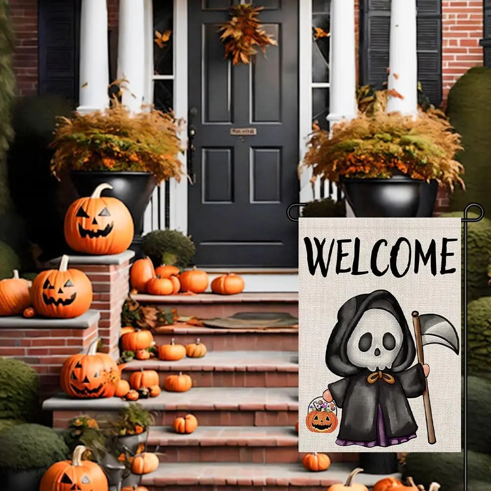 Welcome Halloween Garden Flags 12x18 Double Sided Burlap, Scary Skull Halloween Decorations Party Seasonal Sign Small Flag f EEZ