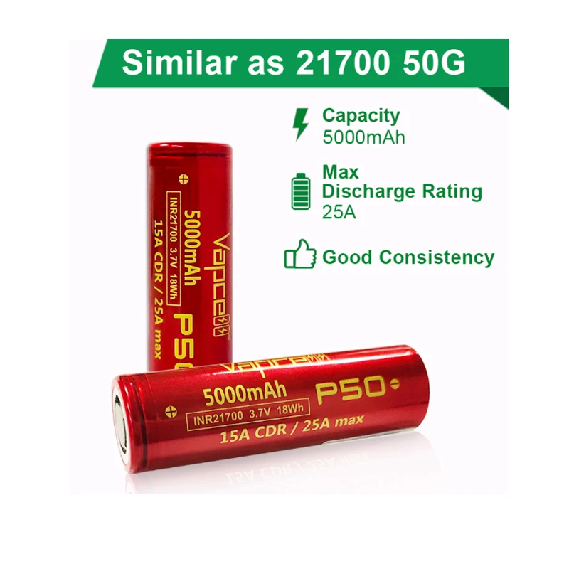 Original Vapcell Li Ion Battery P50 INR21700 5000mah 3.7V 21700 Batteries 15A/25A Rechargeable Cells High Capacity For Box-Mod