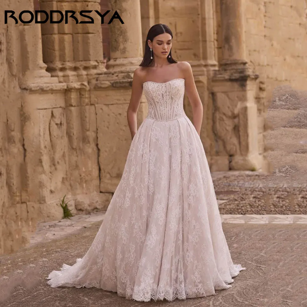 

RODDRSY Elegant Full Lace Ballgown Wedding Dress A-line 3/4 Sleeves Romantic Bridal Gowns Strapless vestidos de novia Customized