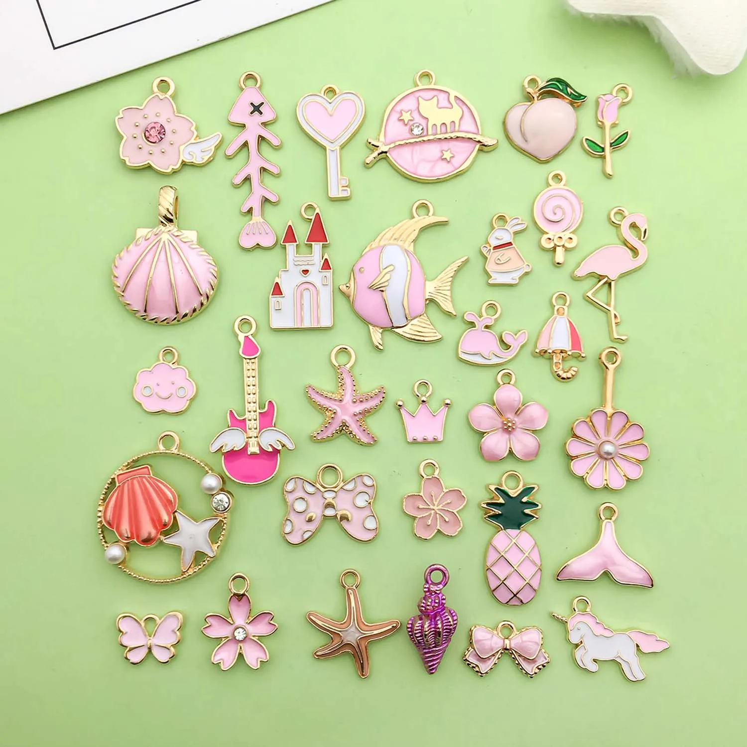5/30pcs Pink Enamel Charms Alloy Butterflies, Seashells, Flowers, Starfish, Fruits Pendants for DIY Jewelry Making Accessories