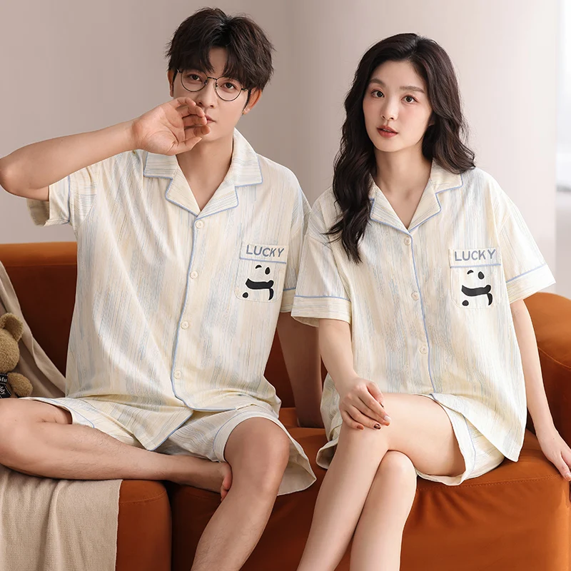

Newest Summer Couple Pajama Set 100% Cotton Men And Women Turn-down Collar Short Sleeve Pyjamas