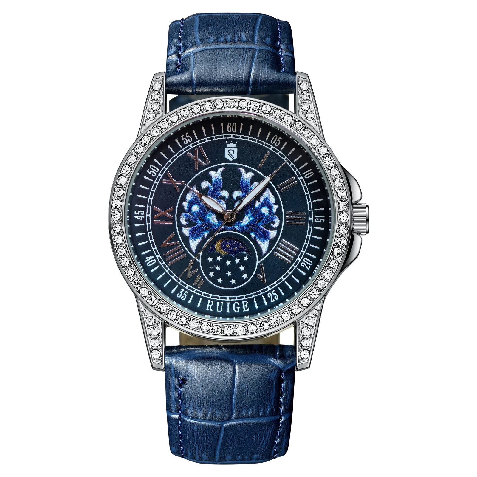 Swiss brand RUIGE men's trend inlaid full diamond watch quartz watch genuine leather waterproof blue watch