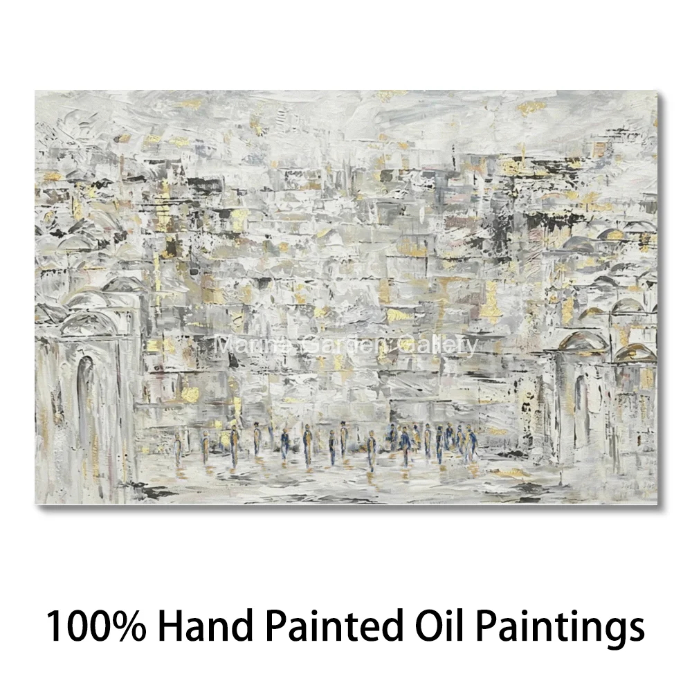 Hand Painted Gold Leaf Abstract Kotel Oil Painting Jerusalem Old City Textured Jewish Canvas Art Modern Decor for Living Room