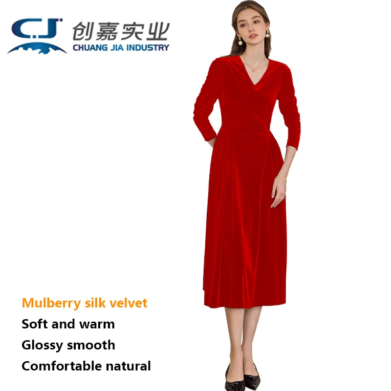 High-end Silk Velvet Collar Dress for Women Black Retro Elegance for Women Comfortable Soft Breathable Clothing Spring Autumn