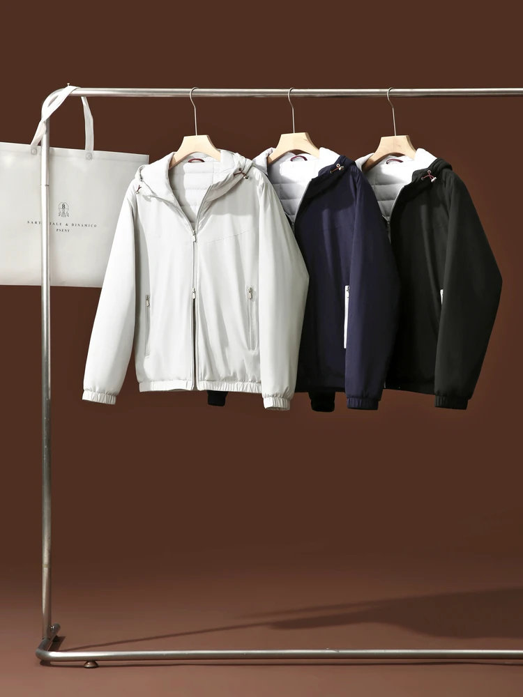 

Modern Luxury Men's Cotton Jaet with Hat Silk Wool Filling Warm Windproof Autumn Winter Faion Ci Sle Stand Fit Zipper