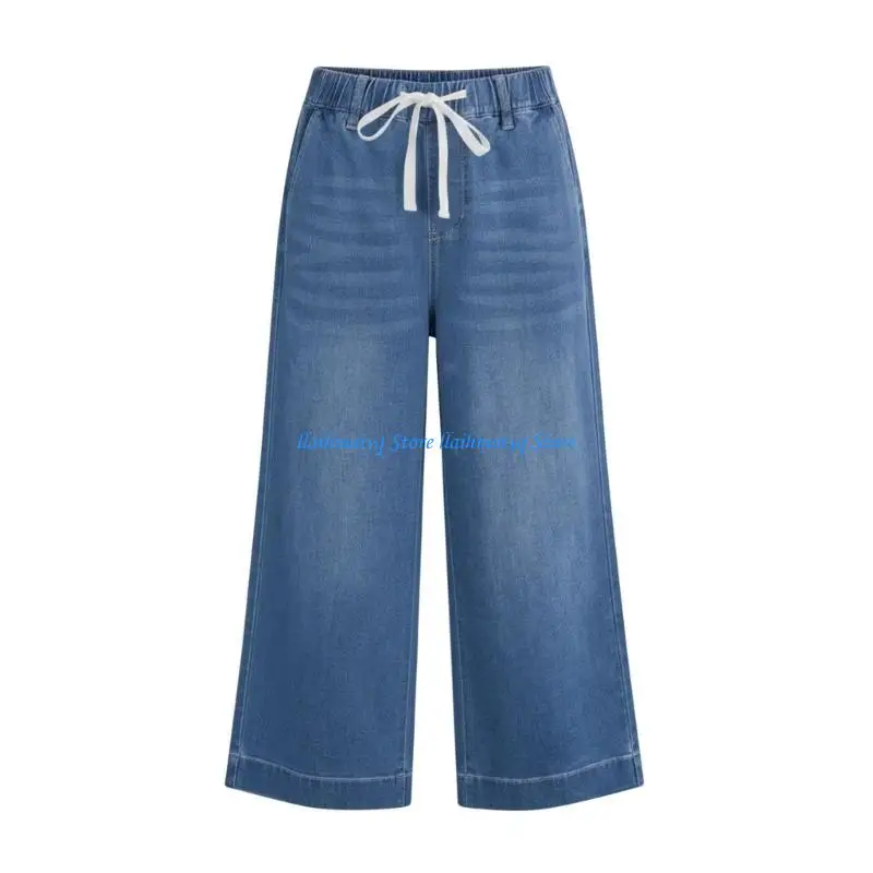 573B Women's Fashion Wide Leg Capris Pants High Waist Drawstring Comfortable Trousers for Casual and Prom Outfits