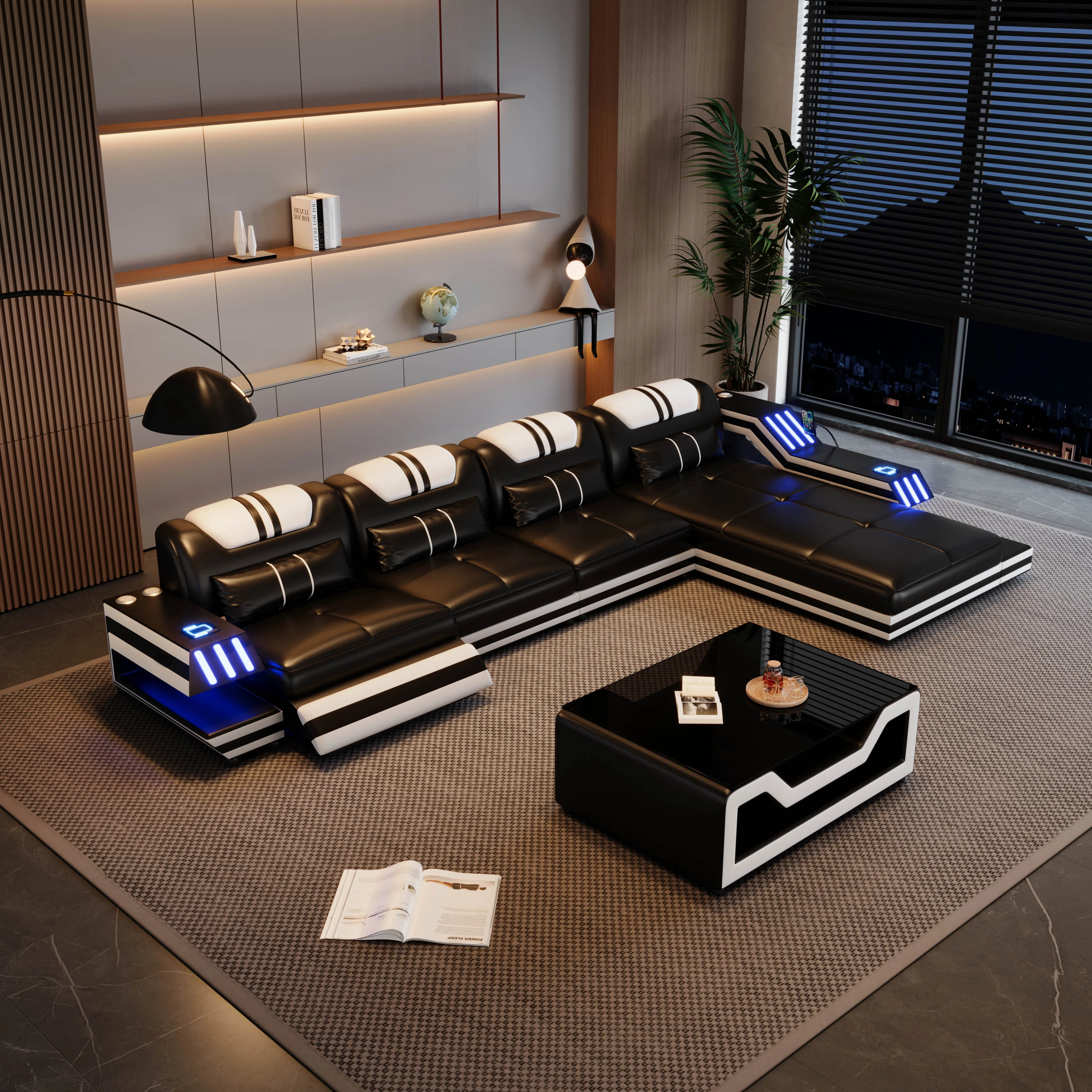 Convertible Genuine Leather Sectional Sofa Bed with Electric Recliners, Storage, Adjustable Headrests, Speakers, USB & LED Light