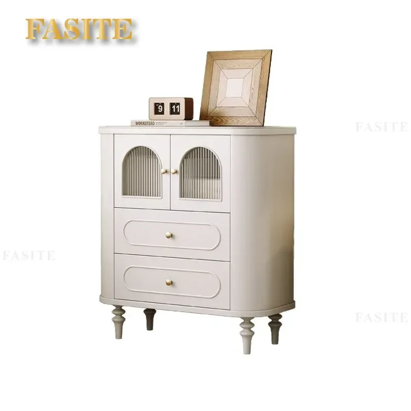 For Living Room Light Luxury TV Cabinet and Coffee Table Combo Solid Wood Cream Style White High End New Arc Edge Storage